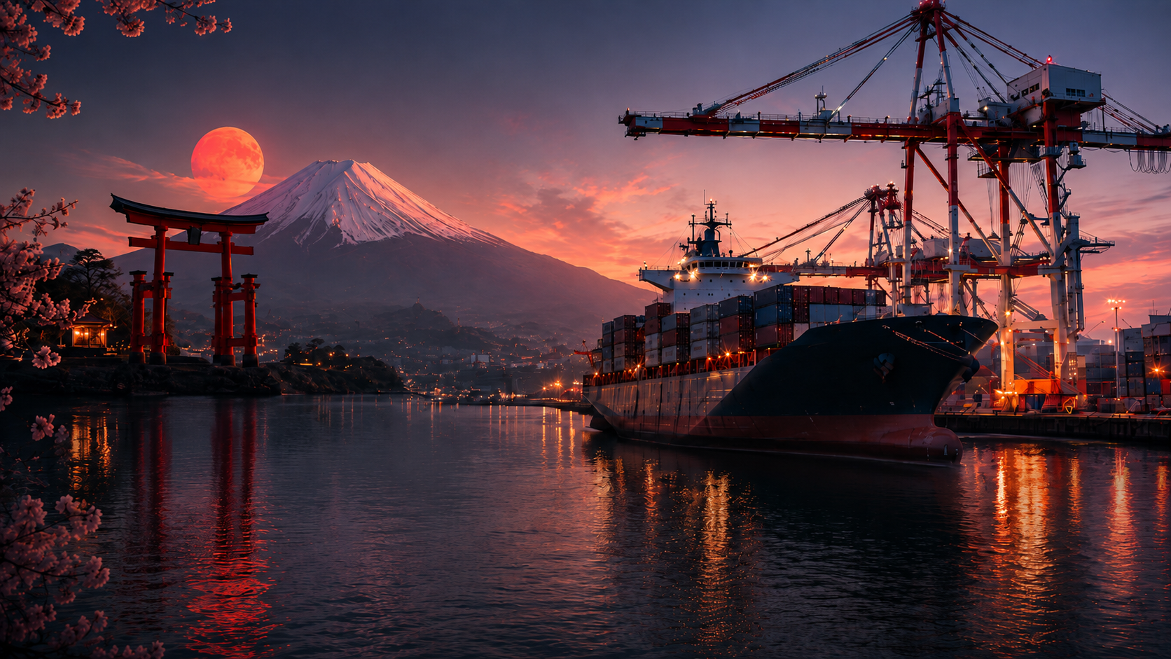 Commercial vessel at a Japanese port with Mount Fuji